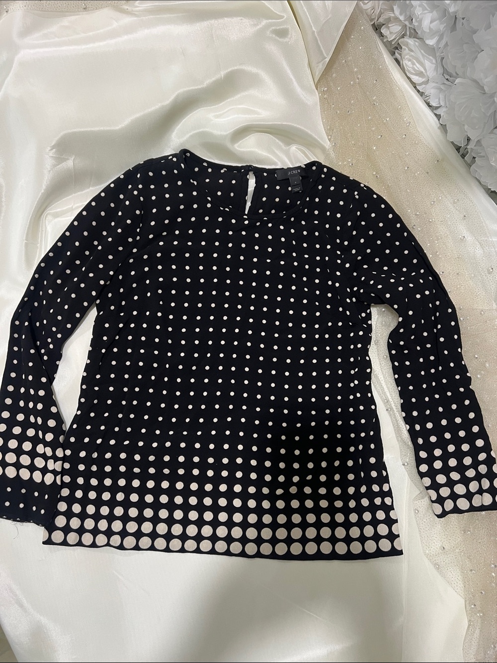 J. Crew Black Long-Sleeve Polka Dot Top with Cream Dots
